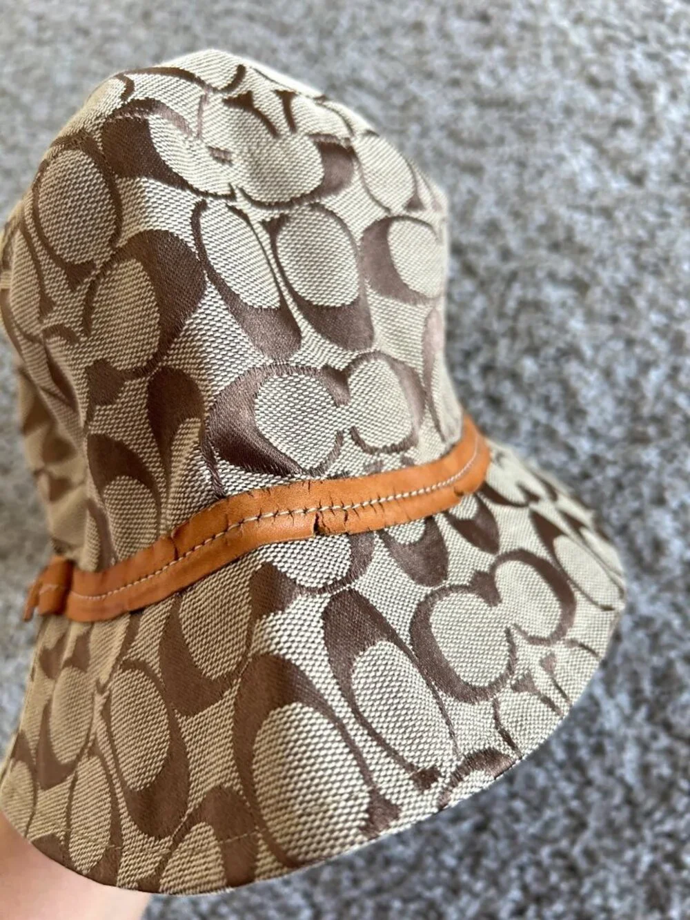 Coach Y2K Unisex Small Tan Signature Pattern Bucket Hat With Leather Trim